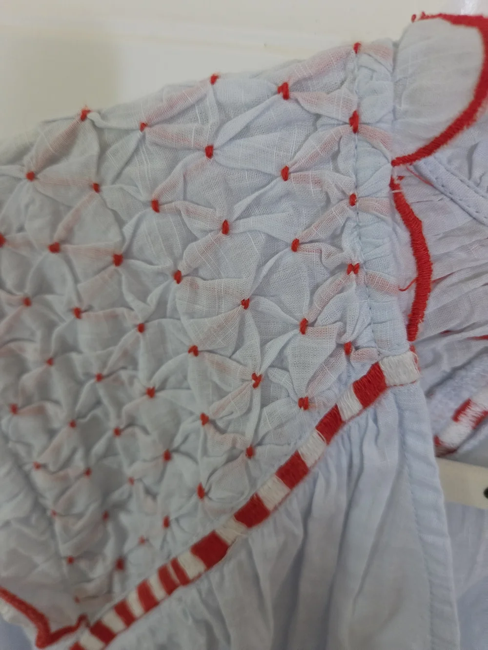 Anthropologie White Puff-Sleeve Top with Red Trim